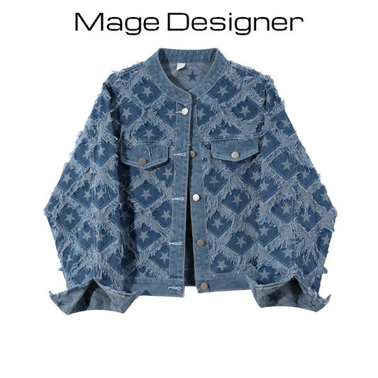Women's denim jacket with raw-edge star-shaped pattern, versatile tassels, loose and slim short jacket top