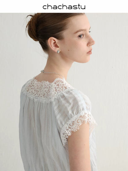 CHACHA "Ice-Salt Summer" Square-Neck Blouse: Naturally Cooling Ribbed-Texture Lyocell & Lace Top for Women