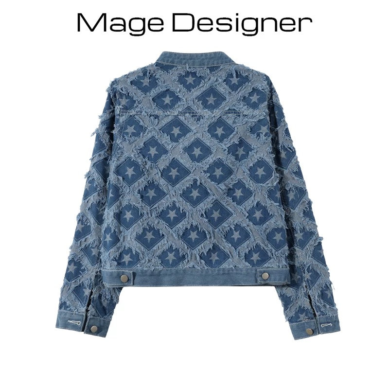 Women's denim jacket with raw-edge star-shaped pattern, versatile tassels, loose and slim short jacket top