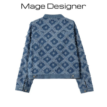 Women's denim jacket with raw-edge star-shaped pattern, versatile tassels, loose and slim short jacket top