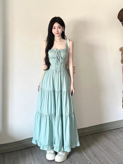 TIDE STUDIOS College Style Mint Milk Green Suspender Skirt Women's Summer Waist Elegant Sleeveless Cake A-Line Skirt
