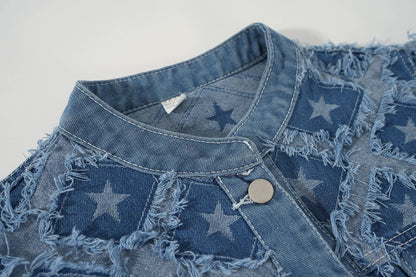 Women's denim jacket with raw-edge star-shaped pattern, versatile tassels, loose and slim short jacket top
