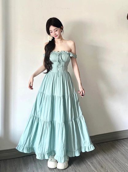 TIDE STUDIOS College Style Mint Milk Green Suspender Skirt Women's Summer Waist Elegant Sleeveless Cake A-Line Skirt