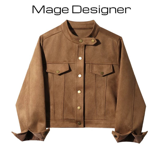 American retro suede jacket cardigan coat women's autumn and winter new small casual short motorcycle clothing tops