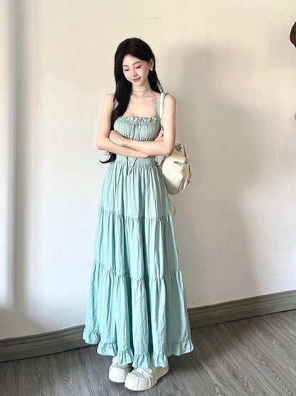 TIDE STUDIOS College Style Mint Milk Green Suspender Skirt Women's Summer Waist Elegant Sleeveless Cake A-Line Skirt
