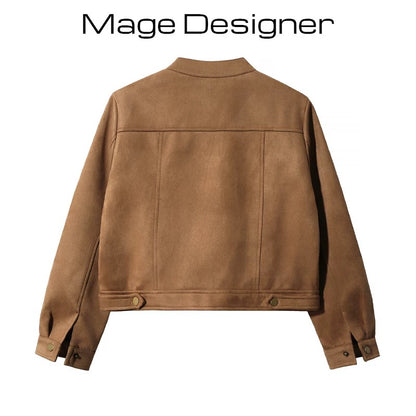 American retro suede jacket cardigan coat women's autumn and winter new small casual short motorcycle clothing tops