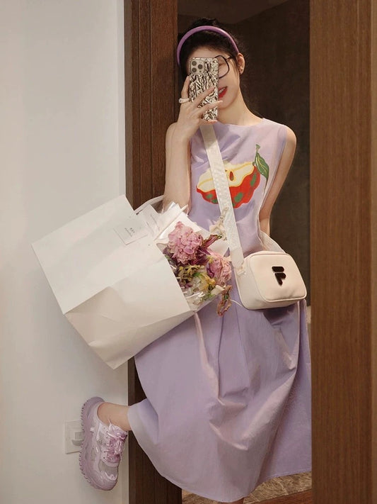 High-end oil painting apple pattern sleeveless vest dress for women summer new loose and fashionable mid-length skirt