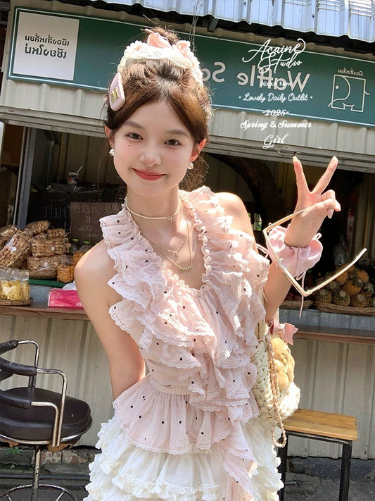 Acaine Ramune Soda / Pink V-neck Polka Dot Halter Vest for Women, Summer French Chic Top