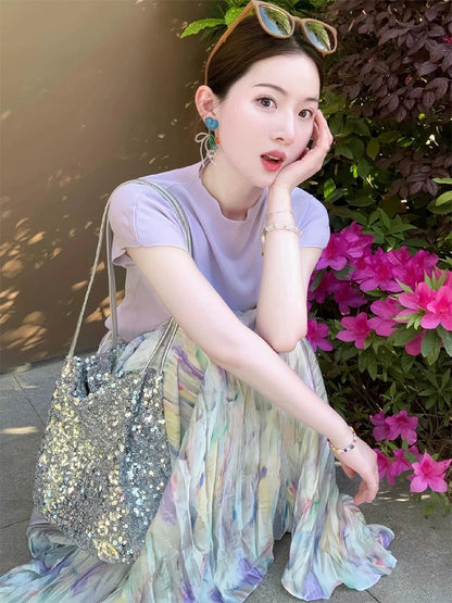 Korean style slim-fitting right-shoulder short-sleeved T-shirt for women summer new high-waisted slimming temperament watercolor rendering printed skirt