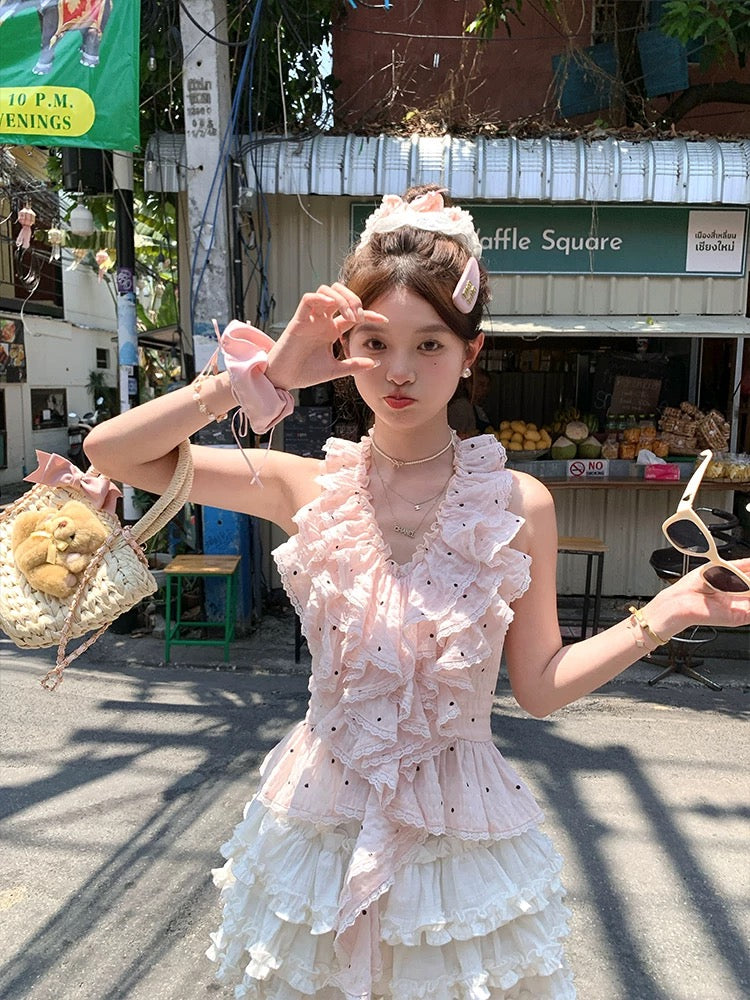 Acaine Ramune Soda / Pink V-neck Polka Dot Halter Vest for Women, Summer French Chic Top