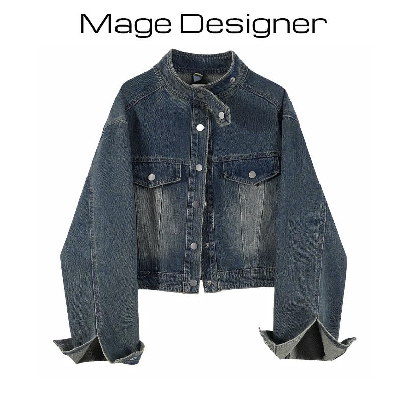 2023 Autumn Korean Retro Distressed Temperament Short Denim Jacket Women's Loose Slim Stand Collar Jacket Top