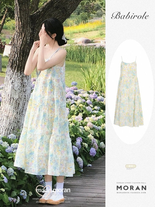 Breast floral floral sleeveless suspender skirt summer women's French dress first love girl small fresh mid-length style petite