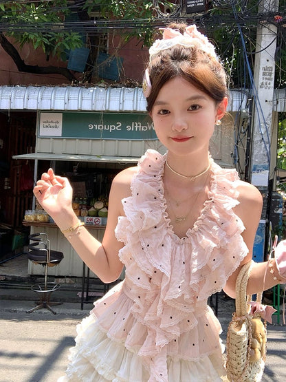 Acaine Ramune Soda / Pink V-neck Polka Dot Halter Vest for Women, Summer French Chic Top