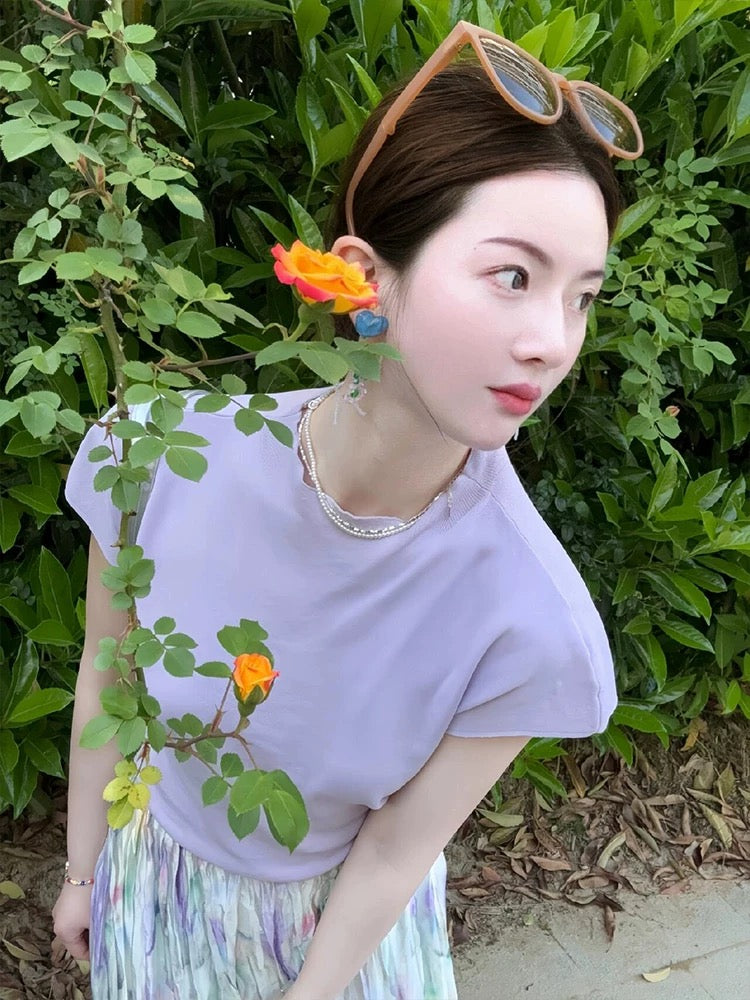 Korean style slim-fitting right-shoulder short-sleeved T-shirt for women summer new high-waisted slimming temperament watercolor rendering printed skirt