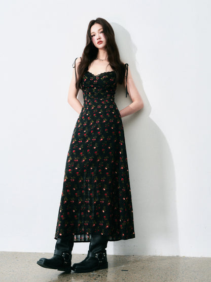 LULUSWINGS Passionate Gentleness: Black French Retro Floral Print Tie-Waist A-line Waist-cinching Maxi Dress