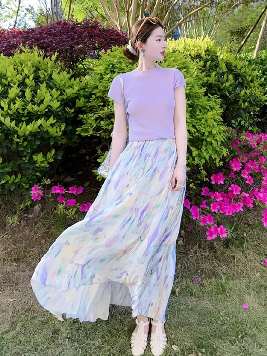 Korean style slim-fitting right-shoulder short-sleeved T-shirt for women summer new high-waisted slimming temperament watercolor rendering printed skirt