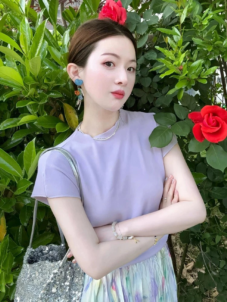 Korean style slim-fitting right-shoulder short-sleeved T-shirt for women summer new high-waisted slimming temperament watercolor rendering printed skirt