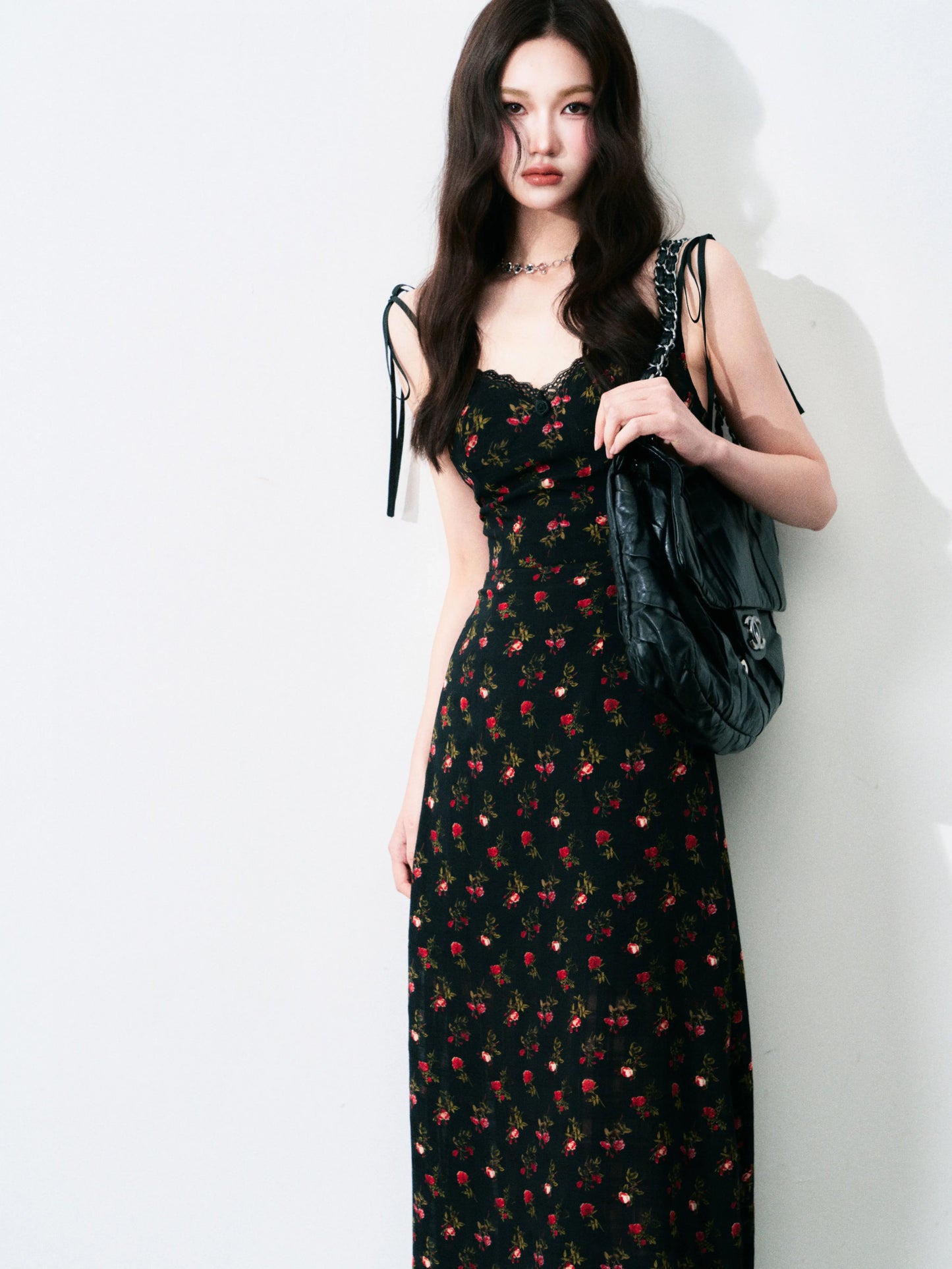 LULUSWINGS Passionate Gentleness: Black French Retro Floral Print Tie-Waist A-line Waist-cinching Maxi Dress