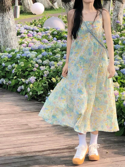 Breast floral floral sleeveless suspender skirt summer women's French dress first love girl small fresh mid-length style petite