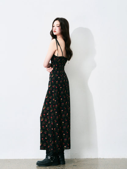LULUSWINGS Passionate Gentleness: Black French Retro Floral Print Tie-Waist A-line Waist-cinching Maxi Dress