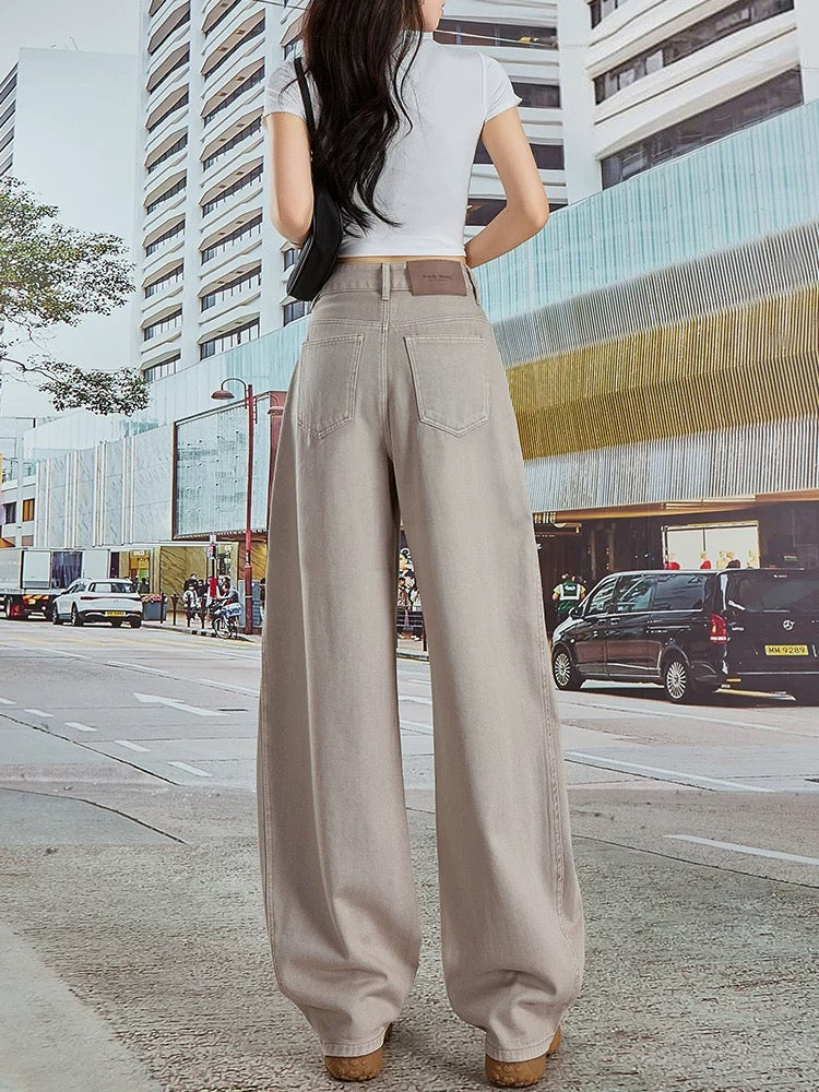 2025 summer new style gray high waist jeans women's loose versatile wide leg slimming loose feeling high-end Wutong pants