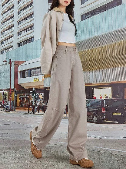 2025 summer new style gray high waist jeans women's loose versatile wide leg slimming loose feeling high-end Wutong pants