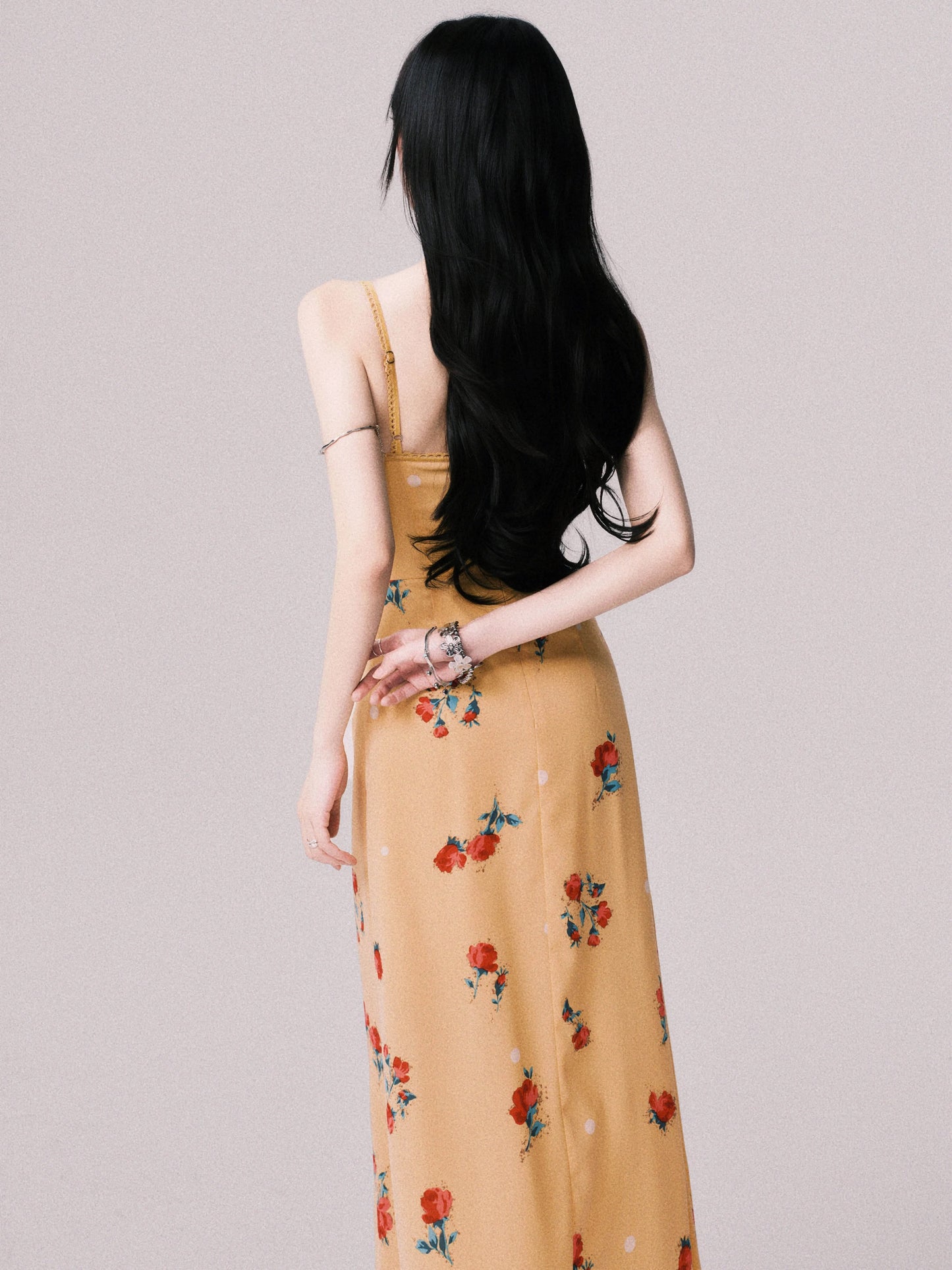 LULUSWINGS Twilight Rose French V-neck Floral Print Sundress Women's Beach Vacation Style Long Dress