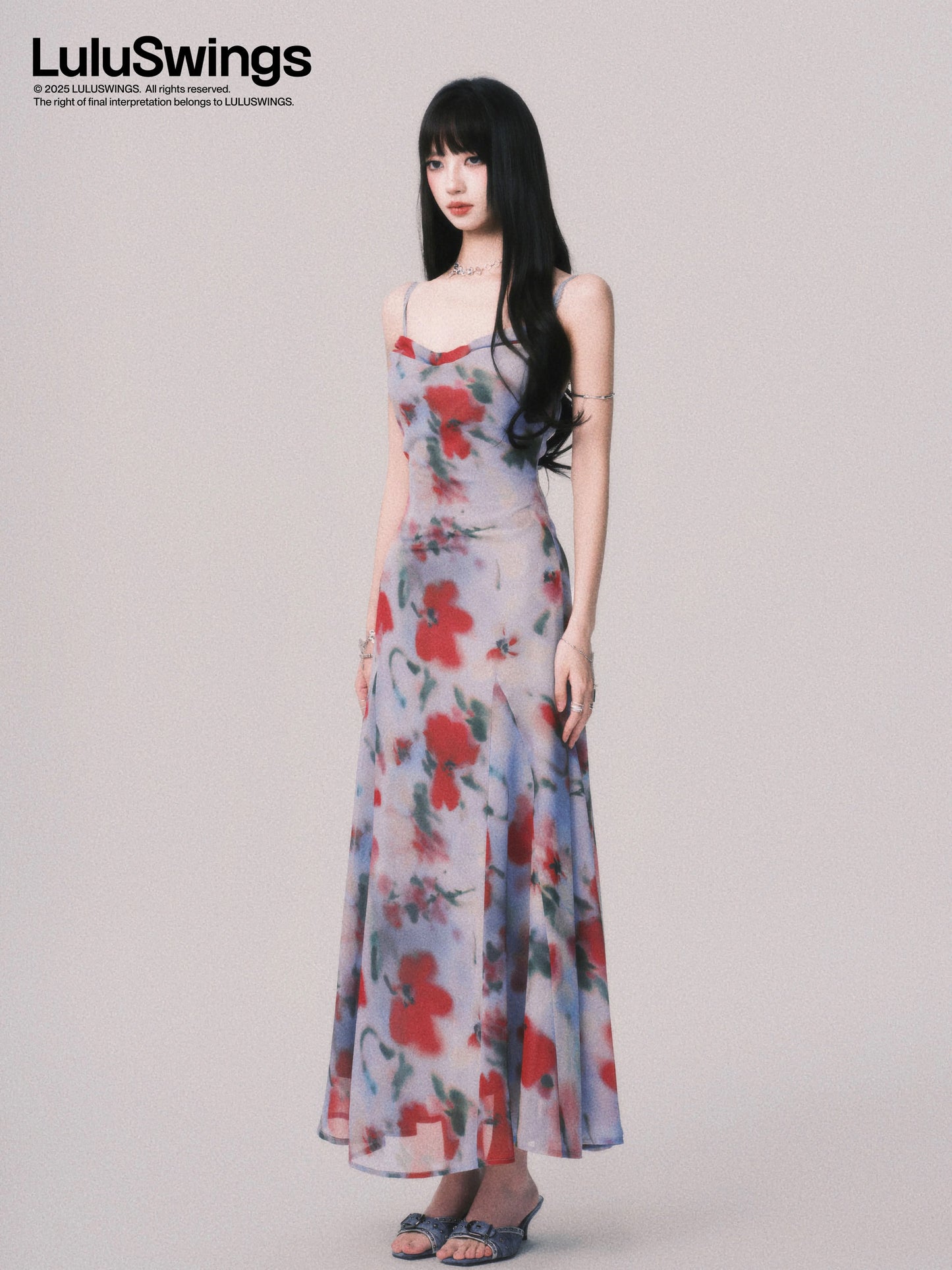 LULUSWINGS Blue-toned Film French Style Bow Neck Tie-dye Print Sundress for Women, Beach Vacation Style