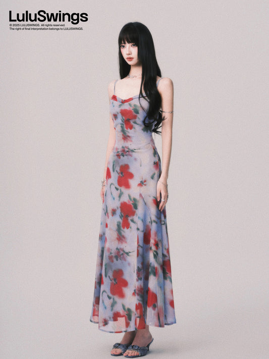 LULUSWINGS Blue-toned Film French Style Bow Neck Tie-dye Print Sundress for Women, Beach Vacation Style