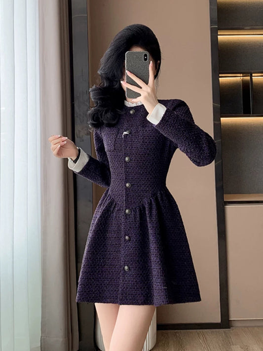 New Spring/Autumn French-style tweed dress for women, featuring a two-piece design, flattering and slimming fit for petite figures.
