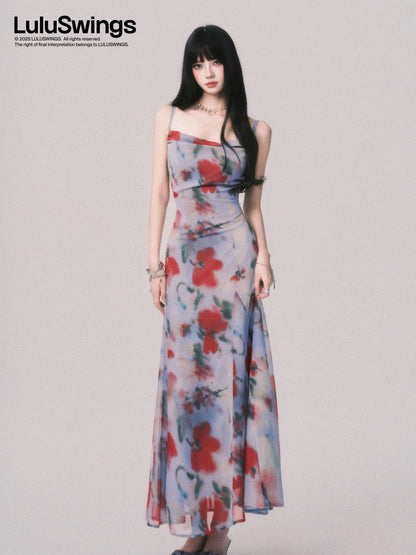 LULUSWINGS Blue-toned Film French Style Bow Neck Tie-dye Print Sundress for Women, Beach Vacation Style