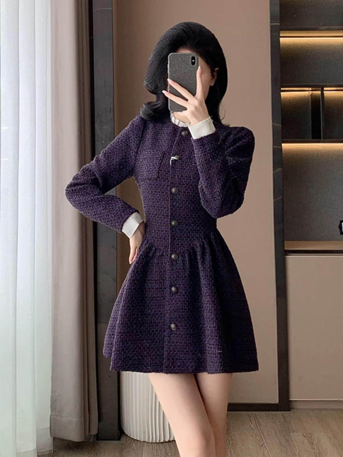 New Spring/Autumn French-style tweed dress for women, featuring a two-piece design, flattering and slimming fit for petite figures.