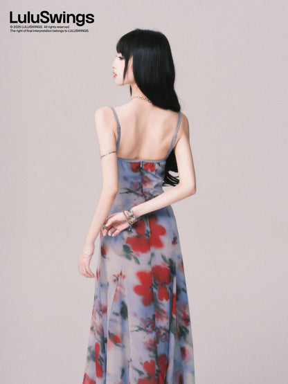 LULUSWINGS Blue-toned Film French Style Bow Neck Tie-dye Print Sundress for Women, Beach Vacation Style