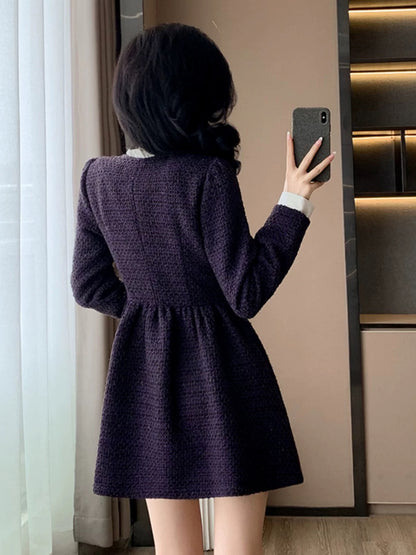 New Spring/Autumn French-style tweed dress for women, featuring a two-piece design, flattering and slimming fit for petite figures.