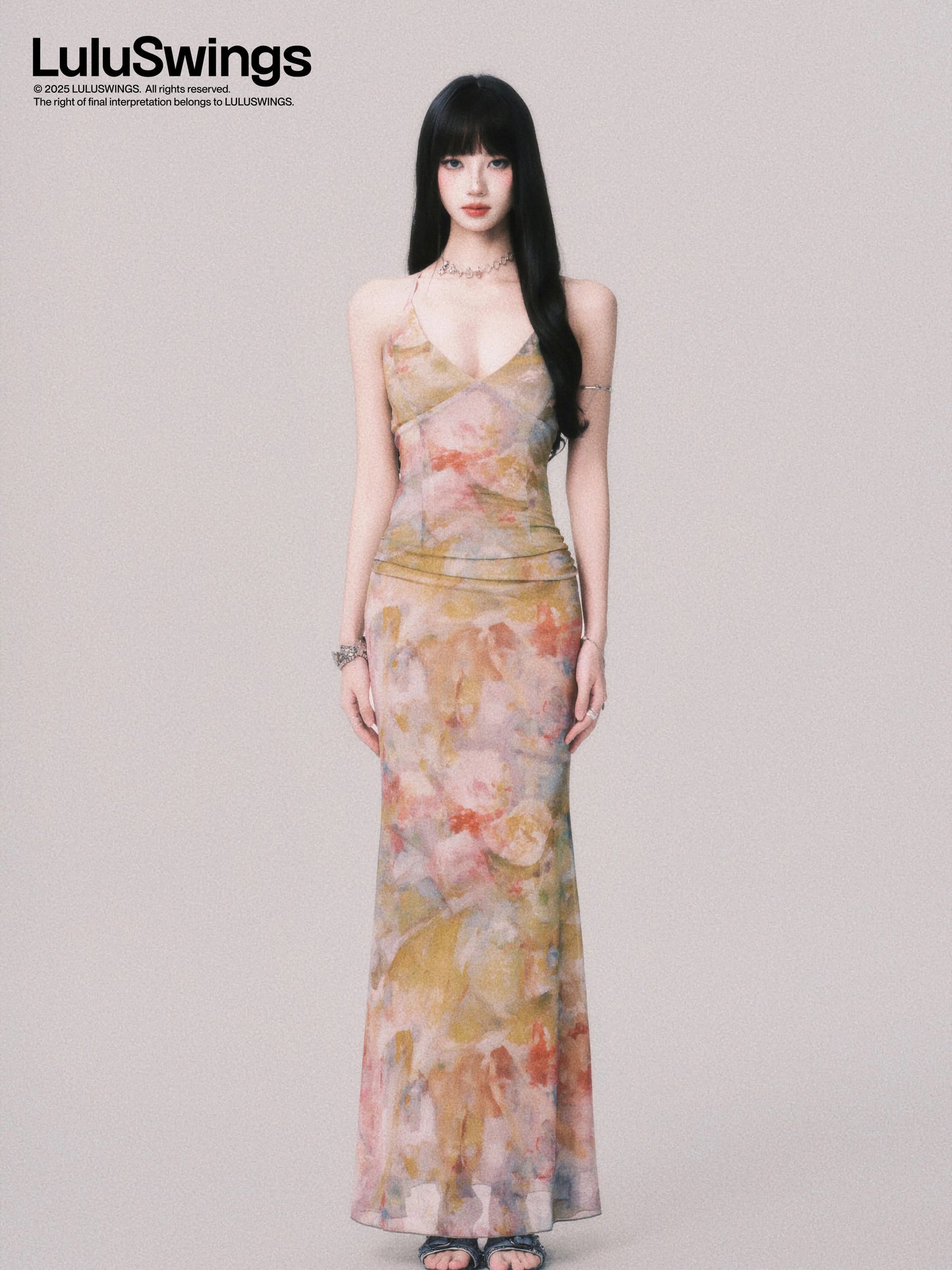 LULUSWINGS Original Oil Painting Girl V-neck Elastic Mesh Suspender Dress Women's Summer Sexy Lace-up Long Dress