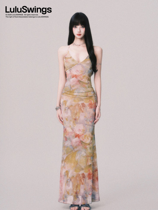 LULUSWINGS Original Oil Painting Girl V-neck Elastic Mesh Suspender Dress Women's Summer Sexy Lace-up Long Dress