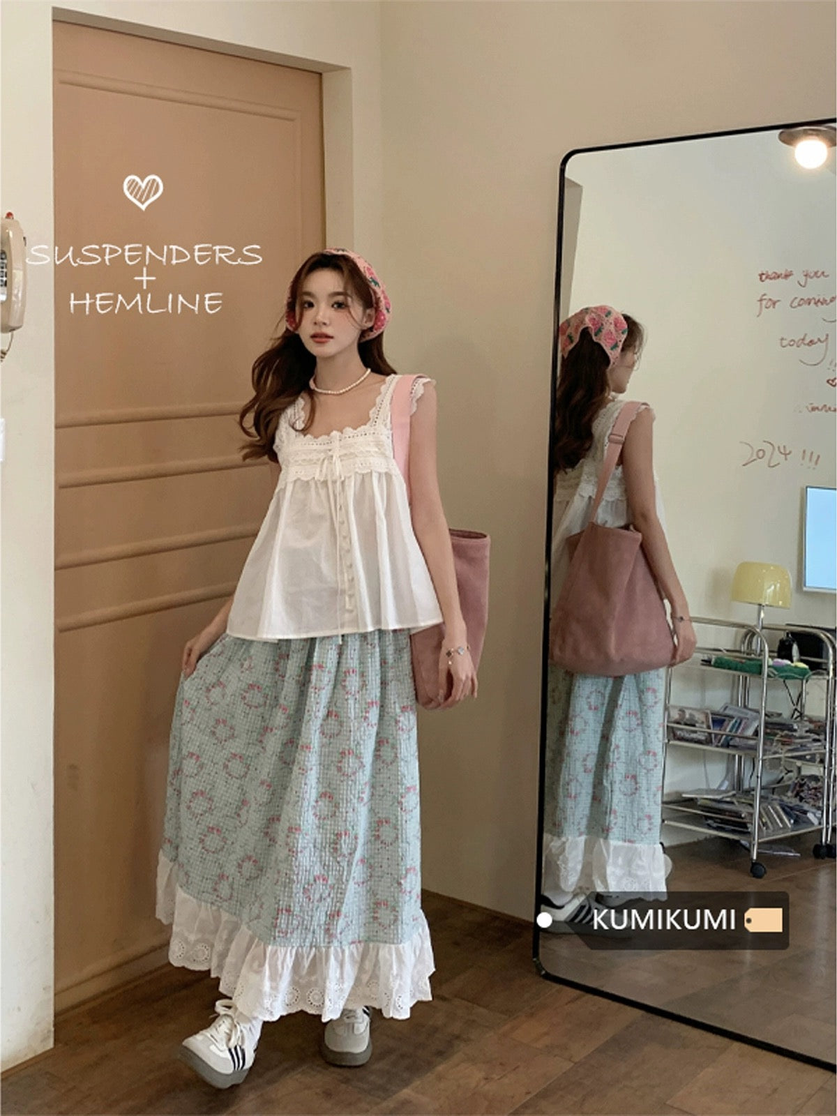 Pastoral style outfit for women, white lace camisole, summer high-waisted A-line skirt, sweet two-piece set