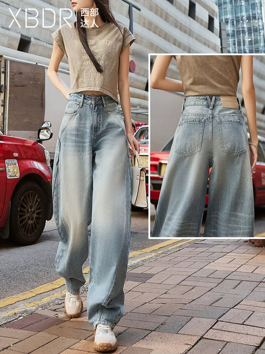2025 Spring New Light Blue Sickle Jeans Women's High Waist Wide Leg Loose Slimming American High Street Scimitar Pants Trend