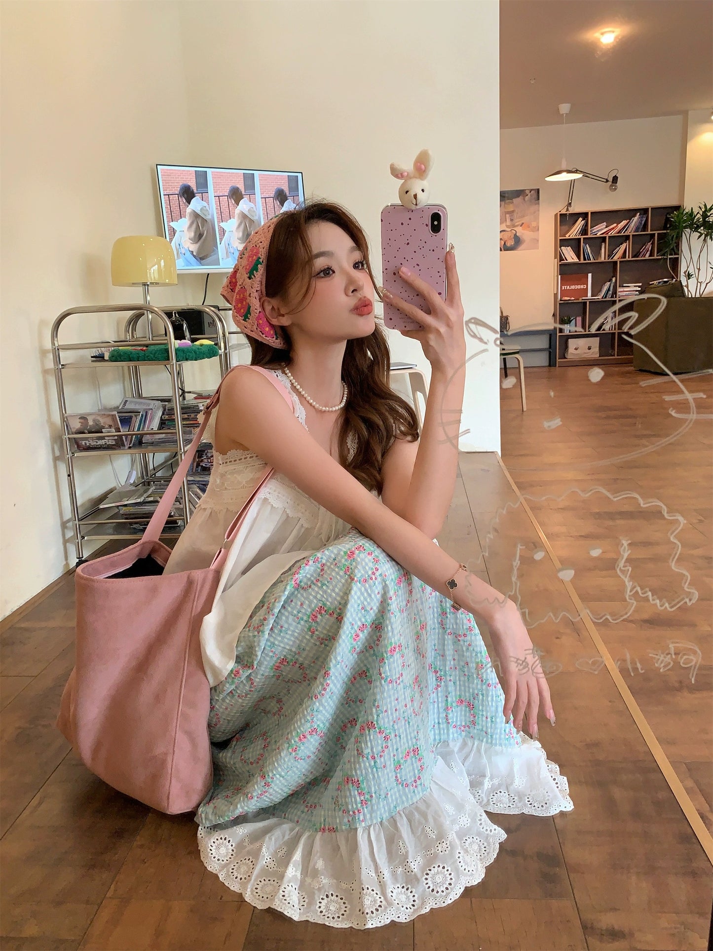 Pastoral style outfit for women, white lace camisole, summer high-waisted A-line skirt, sweet two-piece set