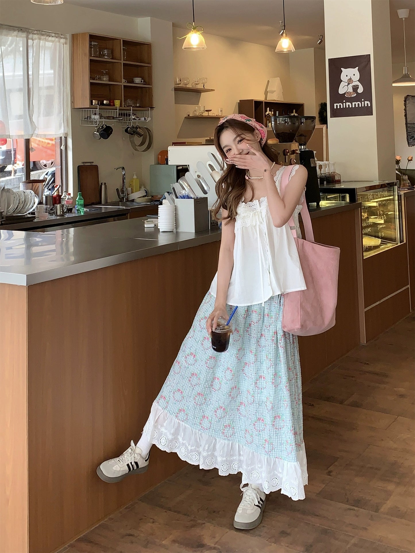 Pastoral style outfit for women, white lace camisole, summer high-waisted A-line skirt, sweet two-piece set