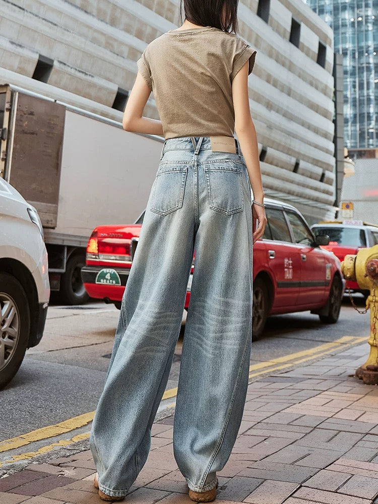 2025 Spring New Light Blue Sickle Jeans Women's High Waist Wide Leg Loose Slimming American High Street Scimitar Pants Trend