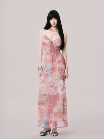 LULUSWINGS Romantic Floral Beach Resort Style V-neck Patchwork Printed Sundress for Women, French Style
