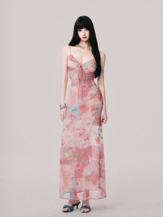 LULUSWINGS Romantic Floral Beach Resort Style V-neck Patchwork Printed Sundress for Women, French Style