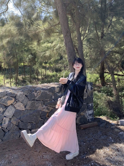 kumikumi sweet style pink suspender dress women's early spring design age-reducing high-waisted A-line skirt cake skirt