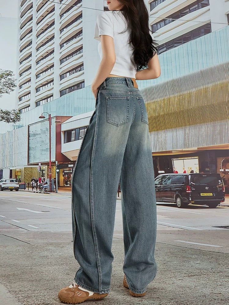 2025 summer new Hong Kong style popular high waist jeans women wide leg slim loose fashion drape sense Wutong pants