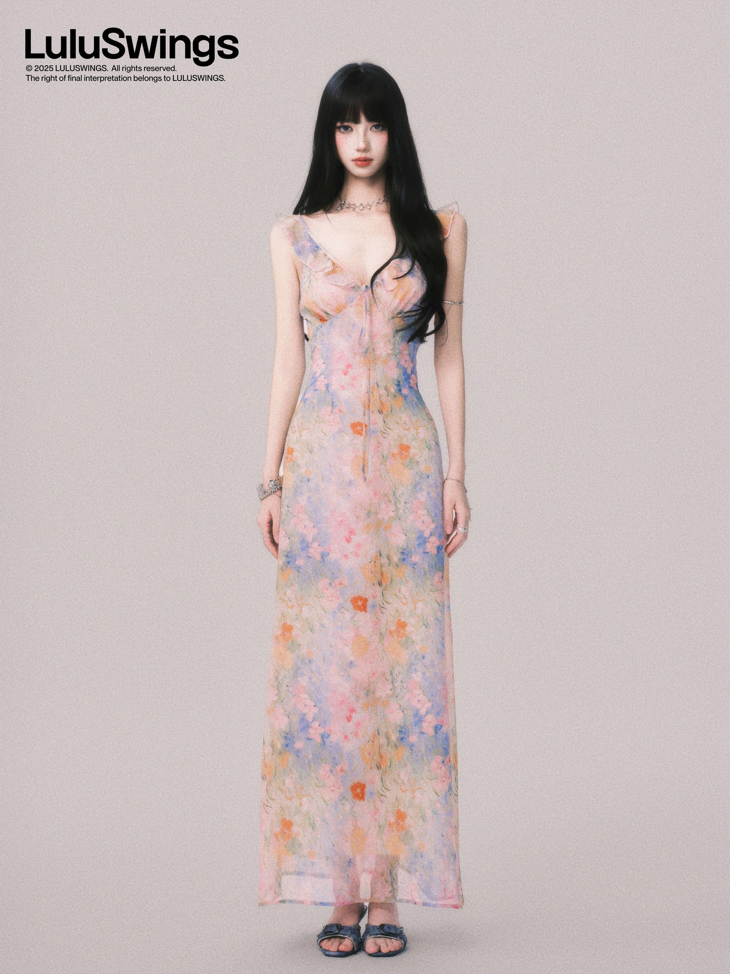 LULUSWINGS Original: Morning Mist Garden French V-neck Floral Print Sundress, Beach Vacation Style Maxi Dress