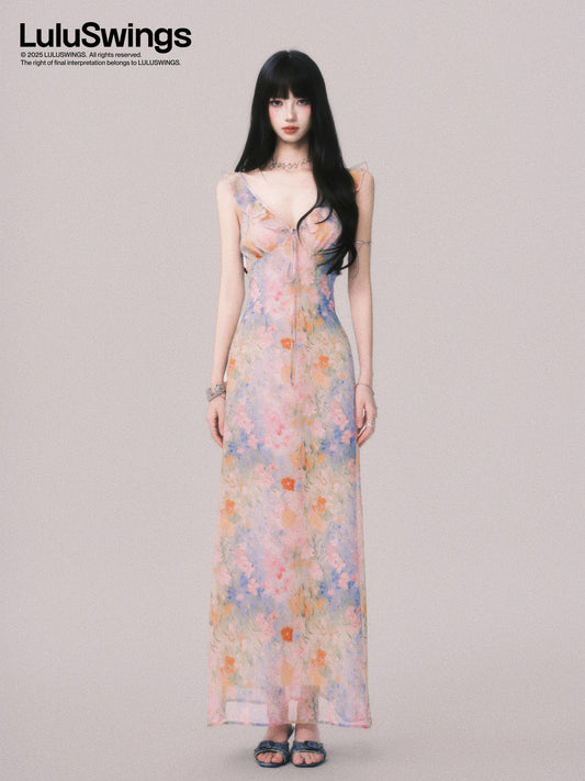 LULUSWINGS Original: Morning Mist Garden French V-neck Floral Print Sundress, Beach Vacation Style Maxi Dress