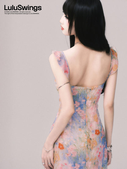 LULUSWINGS Original: Morning Mist Garden French V-neck Floral Print Sundress, Beach Vacation Style Maxi Dress