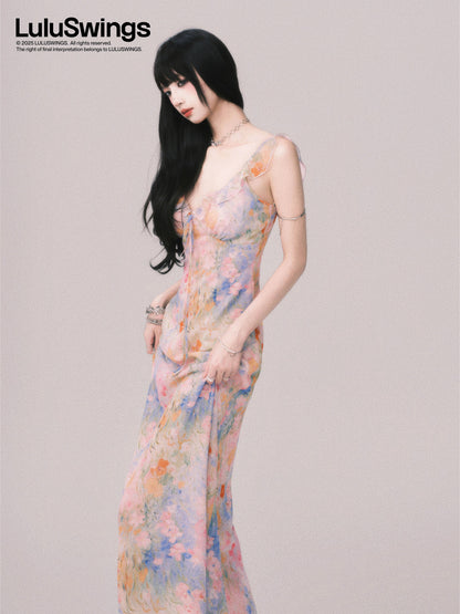 LULUSWINGS Original: Morning Mist Garden French V-neck Floral Print Sundress, Beach Vacation Style Maxi Dress