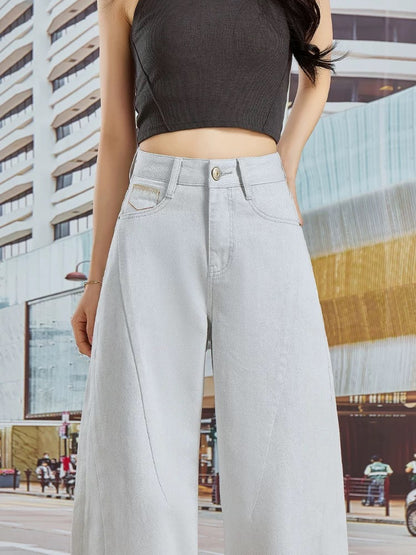 2025 summer new style gray high-grade wide-leg jeans for women high waist slim loose drape fashionable scimitar pants